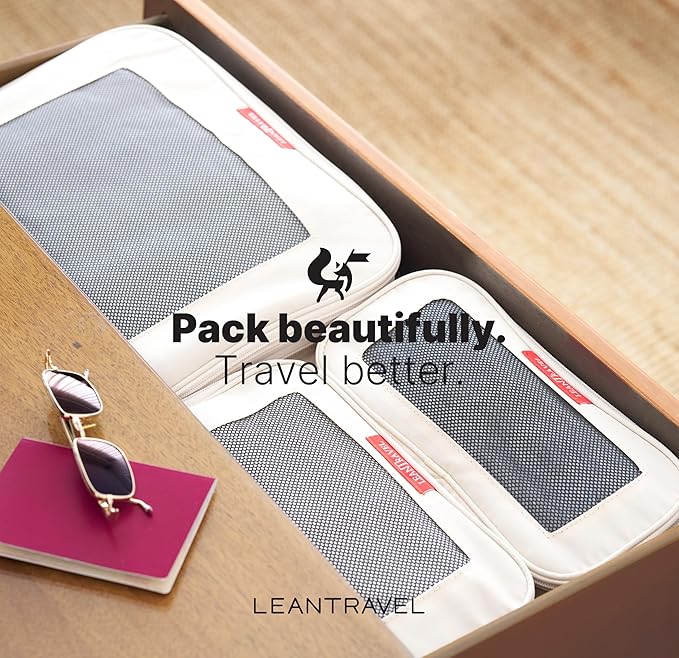 LeanTravel Premium Compression Packing Cubes for Travel - Suitcase Organizer Bags with Double Zipper & Breathable Mesh Panel - Space Saving Carry On Luggage Essentials (4-Pack, Sand)