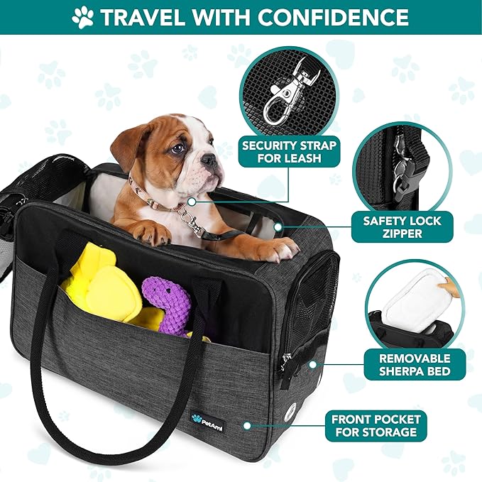 PetAmi Dog Purse Carrier for Small Dogs Cats, TSA Airline Approved Soft-Sided Pet Carrier with Pockets, Ventilated Travel Tote Bag with Bed & Shoulder Strap, Puppy Kitten, Max 12 lbs, Heather Charcoal
