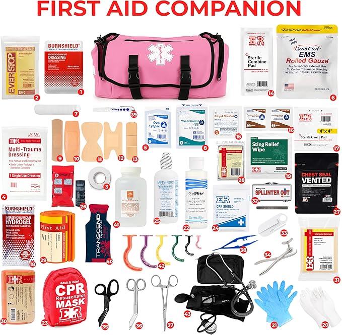 Fully Stocked EMT Trauma Bag – Tactical First Responder Medical Kit with Tourniquet, Vented Chest Seals, Hemostatic Gauze, Trauma Shears, Bandages & Bleeding Control Supplies – Pink