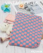 PAZIMIIK Knitted Checkered Makeup Bag Large Zipper Make Up Accessory Pouch for Purse Cosmetic Brush Bag for Travel Red Blue