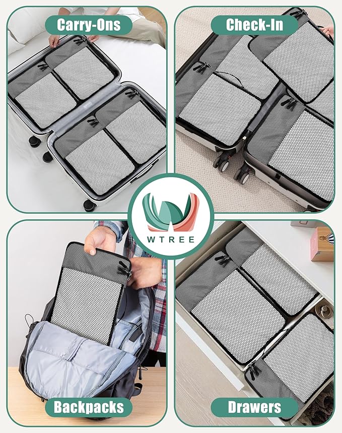 WTREE 4-Piece Packing Cubes Travel Accessories Set for Suitcases - Luggage Organizer Bags with Double Zipper - Mesh Top - Small - Dark Grey