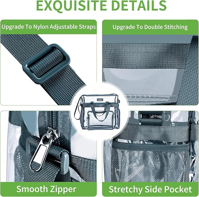 MAY TREE Clear Bag for Stadium Events 12×6×12 Clear Tote Lunch Bag with Reinforced Straps for Work, Sporting Events and Gym, Grey