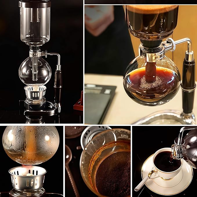 Siphon Coffee Maker Set, 5-Cup 600ml (20.3 oz) Borosilicate Glass Vacuum Brewer with Foldable Stainless Steel Coffee Filter, Dual Filtration for Home, Office & Camping（Filter Plus Version）