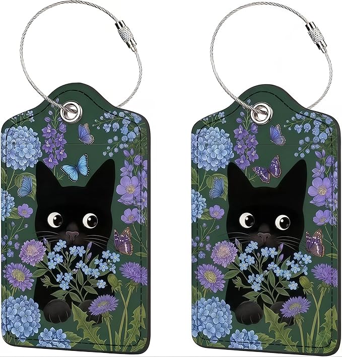 2 Pack Luggage Tag for Suitcase, Cute Unique Leather Bag Tags Identifiers Privacy Cover ID Label with Durable Steel Loop for Women Men Kids Girls Travel (BlackcatskyB)