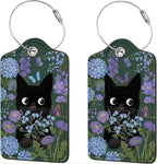 2 Pack Luggage Tag for Suitcase, Cute Unique Leather Bag Tags Identifiers Privacy Cover ID Label with Durable Steel Loop for Women Men Kids Girls Travel (BlackcatskyB)