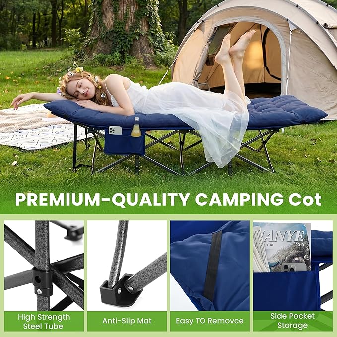 Camping Cot, Folding Camp Cot for Adults, Portable Outdoor Cot with Carry Bag & Mattress, Fast Setup, Lightweight Compact Bed for Travel, Home Office Nap (Blue)