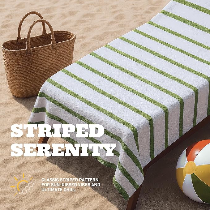 White Classic Cotton Pool Towels Oversized 35 x 70 Inches, Ultra Absorbent and Low Lint Striped Beach Towels for Adults, Stripes Design Luxury Extra Large Bath Towels, Green, 3 Pack