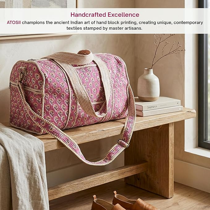 ATOSII Large Duffle Bag, Handblock Print 100% Quilted Cotton for Overnight Trip, Travel Weekender, Luggage, 2 Pockets with Zipper, 1 Front Pocket, Detachable Long Strap, 20 X 10 X 12 Inches, Berry