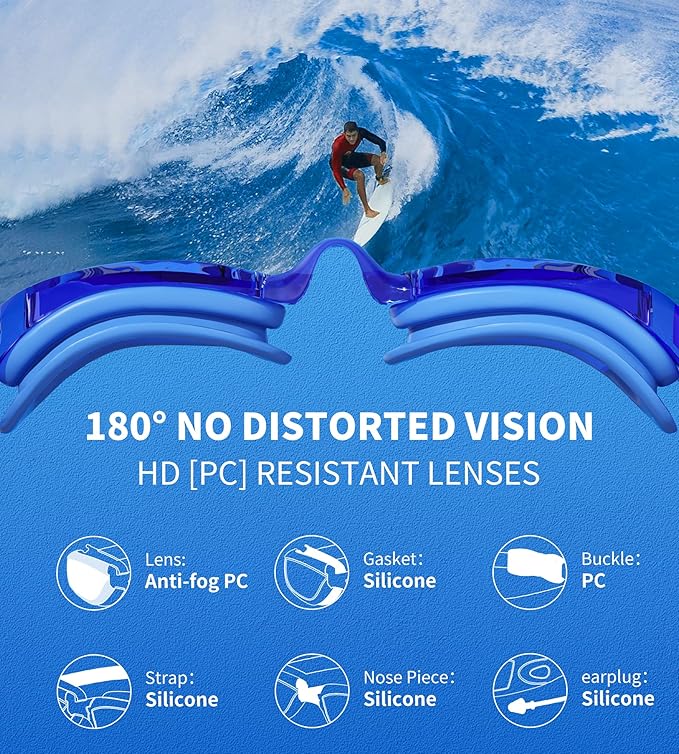 7 in 1 Swim Goggles + Swim Cap for Men Women,No Leak Anti-Fog & UV, Wide Visio HD Mirror PC Lens