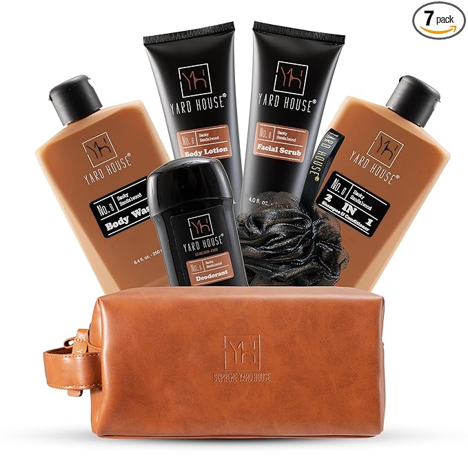 YARD HOUSE Luxury Mens Bath and Body Gift Set Basket For Him - Smoky Sandalwood - All Natural Skin Care Kit For Men w. Full Size Body Wash, Facial Scrub, Body Lotion, Deodorant in Leather Toiletry Bag