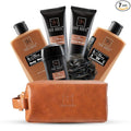 YARD HOUSE Luxury Mens Bath and Body Gift Set Basket For Him - Smoky Sandalwood - All Natural Skin Care Kit For Men w. Full Size Body Wash, Facial Scrub, Body Lotion, Deodorant in Leather Toiletry Bag