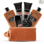 YARD HOUSE Luxury Mens Bath and Body Gift Set Basket For Him - Smoky Sandalwood - All Natural Skin Care Kit For Men w. Full Size Body Wash, Facial Scrub, Body Lotion, Deodorant in Leather Toiletry Bag