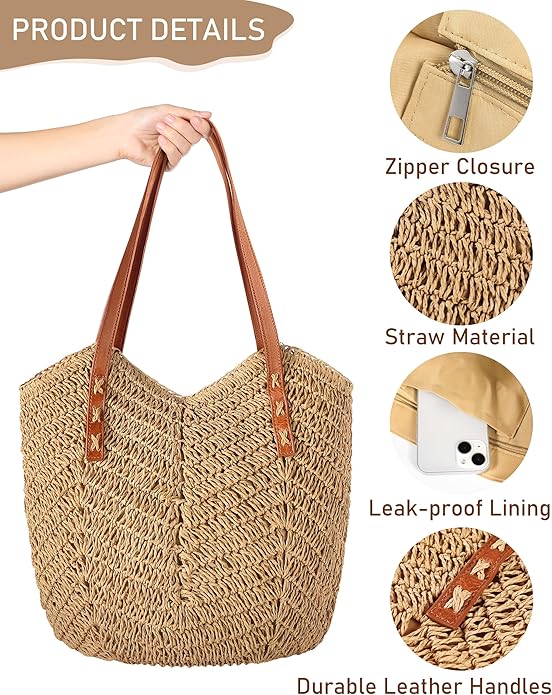 Beach Bags for Women - Straw Bag with Zipper, Soft Woven beach bag, Casual Straw Shoulder Bag for Daily Use