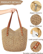 Beach Bags for Women - Straw Bag with Zipper, Soft Woven beach bag, Casual Straw Shoulder Bag for Daily Use