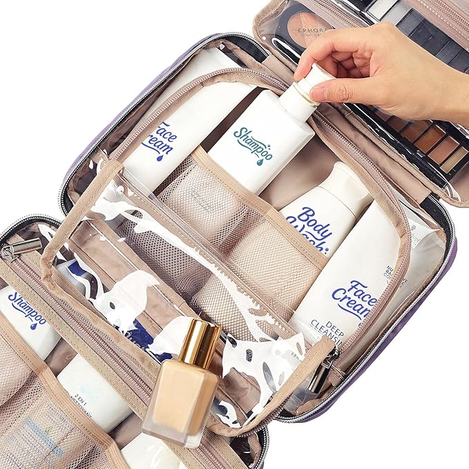 NISHEL Travel Toiletry Bag for women, Portable Hanging Organizer for Travel-Sized Shampoo, Conditioner, Brushes Set, Makeup Accessories, Medium Size, Purple