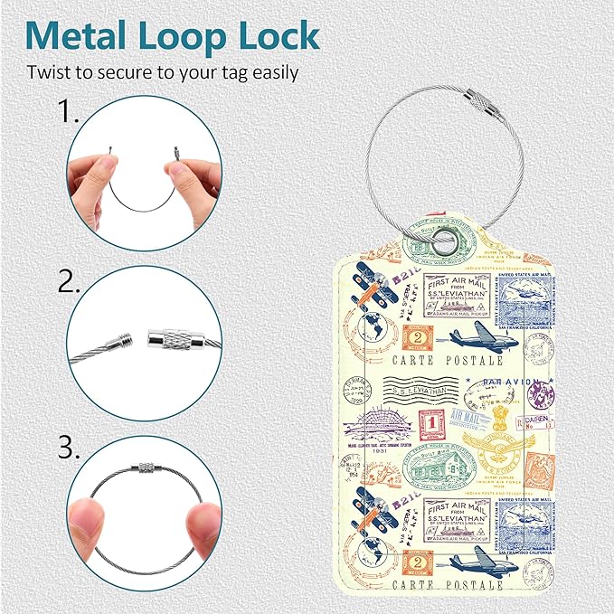 Luggage Tags for Suitcases, 2 Pack Cute PU Leather Luggage Tag TSA Approved with Stainless Steel Loop and Address Card Baggage Tag for Travel&Cruise Ships&Shipping Retro Stamp, by Chelmon