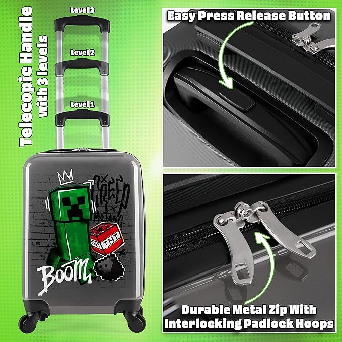 Minecraft Suitcase for Kids Teens Creeper Hard Shell Luggage Rolling Suitcase 4 Wheels Travel Essentials Vacations Trips (Medium Grey, 19.29” - 30L)