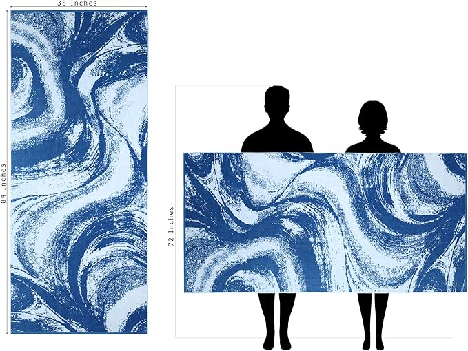 COTTON CRAFT Oversized Beach Towels - 2 Pack XXL 35x84 - Summer Wave - The Big Kahuna 7 Foot Extra Large Beach Blanket Towel - Big & Tall - 100% Cotton Jacquard Velour Soft Pool Bath Towel - Blue