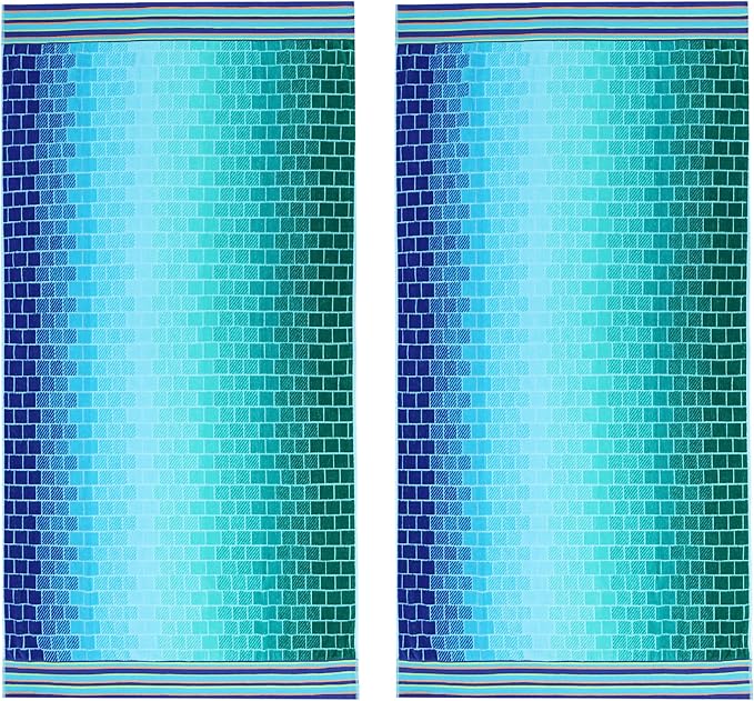 COTTON CRAFT Oversized Beach Towel - 2 Pack 35 x 70 Big & Huge Towel Set - 100% Cotton - Pool Picnic Bath Towel - Plush Terry Jacquard Velour 450 GSM Thick Super Soft Absorbent Luxury - Blue Tiles