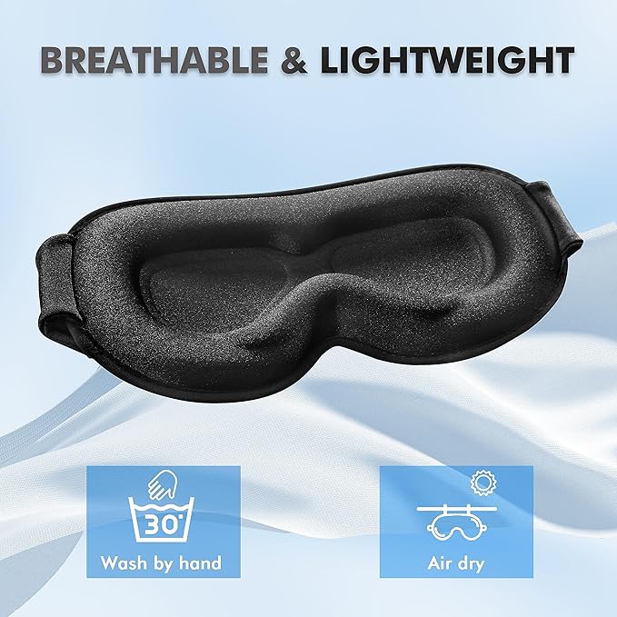 Sleep Eye Mask for Men Women, Sleeping Mask for Side Sleeper, Travel Blackout Night Blindfold Eye Shade Cover with Adjustable Strap (Ebony)