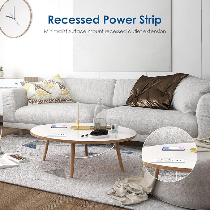 Recessed Power Strip with 30W USB C,Ultra Thin Flat Plug Power Strip,2 Outlets 4 USB Ports,Furniture Flush Mount Desk Outlet,Recessed Outlet for Side Table/Sofa Table,6ft Cord (White)