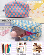 PAZIMIIK 6PCS Checkered Makeup Bag for Purse Portable Zipper Make Up Pouch Small Cosmetic Case for Travel Accessories Blue Beige