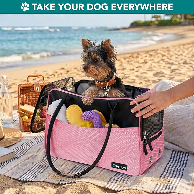 PetAmi Dog Purse Carrier for Small Dogs Cats, TSA Airline Approved Soft-Sided Pet Carrier with Pockets, Ventilated Travel Tote Bag with Bed & Shoulder Strap, Puppy Kitten, Max 12 lbs, Pink