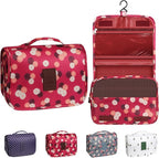 Toiletry Bag Travel Bag with Hanging Hook, Waterproof Capacity Hanging Multifunctional Makeup Bag for Toiletries, Portable Cosmetic Bag Travel Organizer for Women and Men(Wine Red FLower)