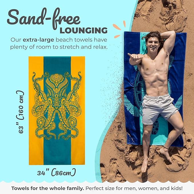 Nova Blue Octopus Beach Towel (34 X 63) – Orange & Teal Colorway with Tropical Design Travel Beach Towels Made from 100% Cotton – Vibrant Colorful Blanket Towel –Beach Towel for Adults