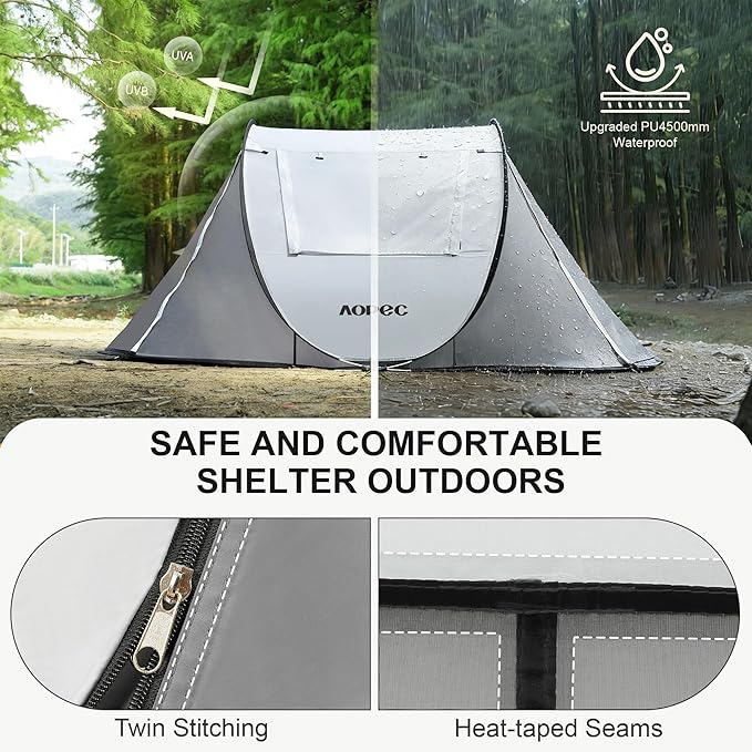 Pop Up Camping Tent, 2/4/6 Person Instant Tent Waterproof PU4500mm, Spacious Ventilated Camping Tent with Front Porch, Quick Setup Lightweight Portable for Outdoor Camping Hiking Beach