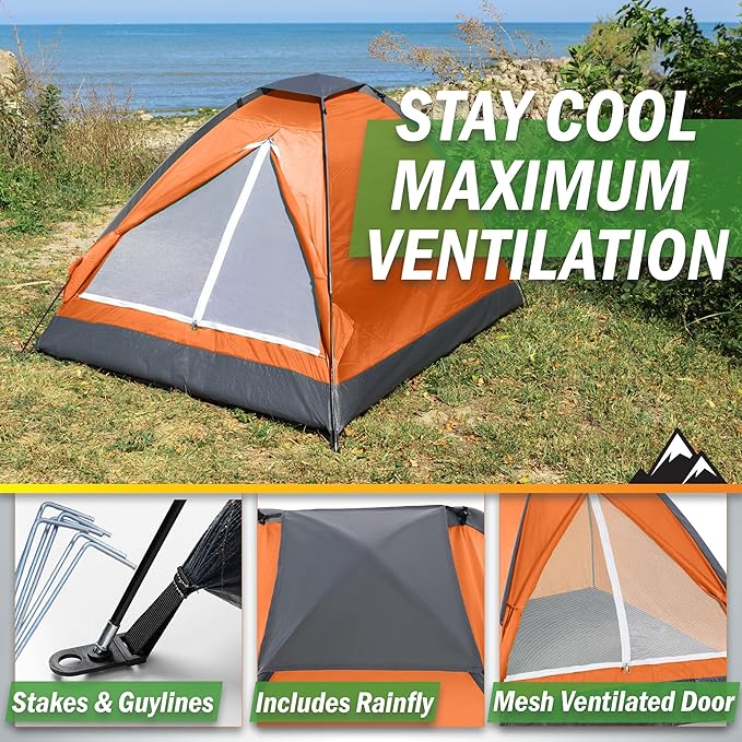 2 Person Outdoors Camping Tent with Rain Fly and Carrying Bag - Lightweight Outdoor Pop Up Tents for Camping Essentials, Music Festivals, Backpacking, Hiking, or Beach Shelter by Wakeman Outdoors