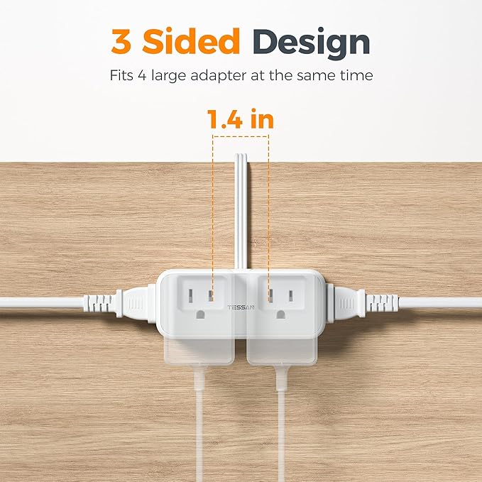 TESSAN Short Extension Cord 0.5Ft, Flat Plug Outlet Extender Surge Protector with 4 Widely AC with 3 USB Ports (1 USB C), Multi Plug Small Power Strip for Travel, Home Office College Dorm Essentials