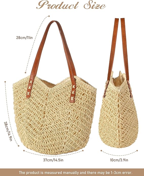 Beach Bags for Women - Straw Bag with Zipper, Soft Woven beach bag, Casual Straw Shoulder Bag for Daily Use