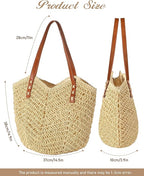 Beach Bags for Women - Straw Bag with Zipper, Soft Woven beach bag, Casual Straw Shoulder Bag for Daily Use