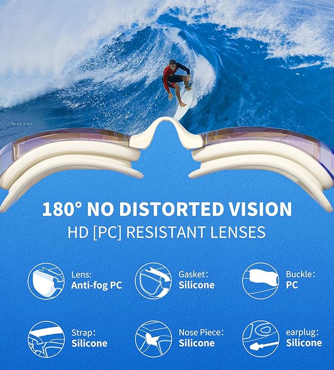 7 in 1 Swim Goggles + Swim Cap for Men Women,No Leak Anti-Fog & UV, Wide Visio HD Mirror PC Lens