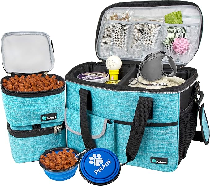 PetAmi Dog Travel Bag, Travel Pet Bag Organizer, Dog Food Travel Bag with Container Collapsible Bowls, Pet Travel Supplies Gift Accessories for Weekend Camping, Puppy Cat Diaper Bag, Teal Blue Medium
