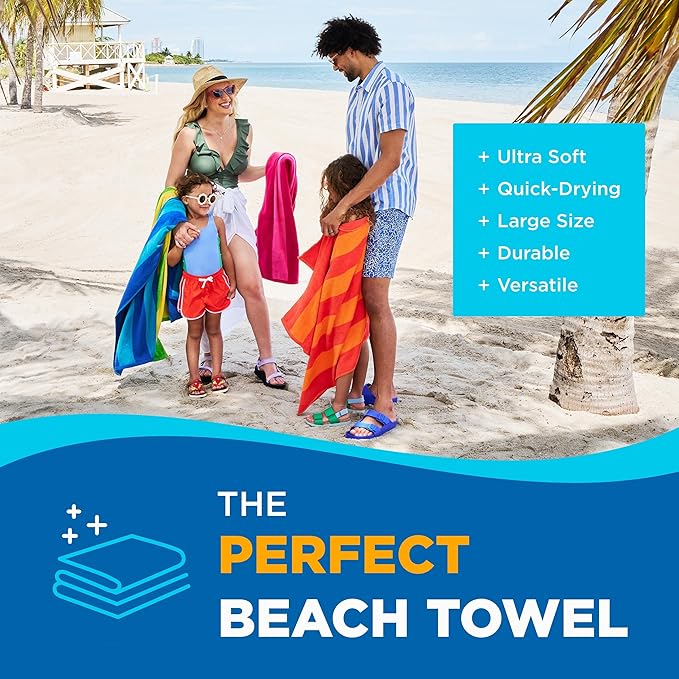 Kaufman - Soft Oversized Beach Towels in Bulk | 30" x 60" Velour Striped Beach Towel | Absorbent, Quick-Drying | 100% Cotton Thick Beach Towels (12-Pack)