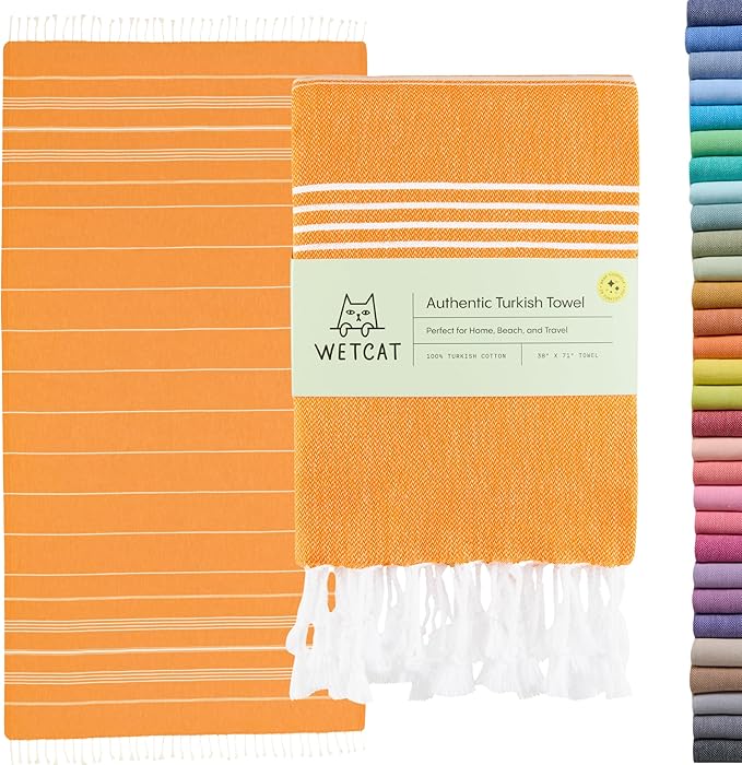 WETCAT Turkish Beach Towel Oversized (38"x71") 100% Turkish Cotton, Made in Turkey - Sand Free, Extra Large, Ultra Soft, Quick Drying, Compact & Lightweight for Travel - Orange