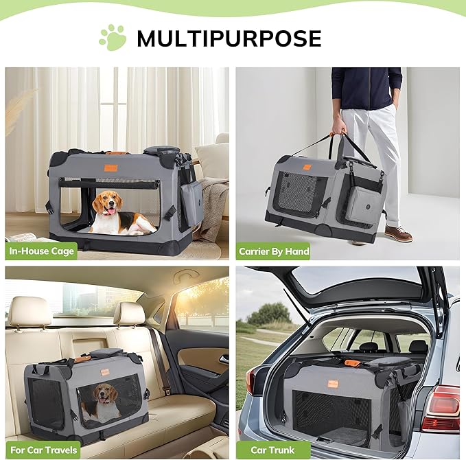 Morpilot 32-inch Portable Collapsible Dog Crate: Travel Dog Crate Soft-Sided for Medium Large Dogs up to 70lbs, with Foldable Bowl, Shoulder Strap & Storage Pockets, Grey