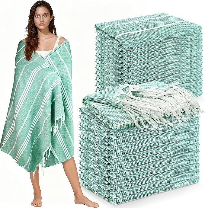 YSYJ 24 Pack Turkish Beach Towel 36"x71" Beach Towels Oversized Bath Towels Sand Free Quick Dry Turkish Towel Bulk Extra Large Pool Blanket Teal