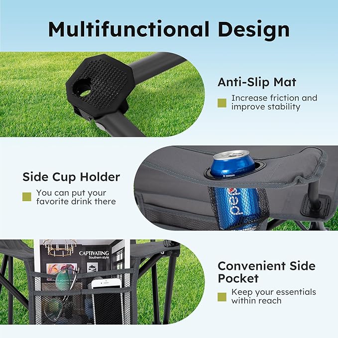ALPHA CAMP Camping Chairs 250LBS Capacity, Heavy Duty Folding Chair with 4-Can Cooler Bag, Portable Outdoor Chair with Cup Holder for Adults, Collapsible for Tailgating, Beach, Fishing,Black,2PC