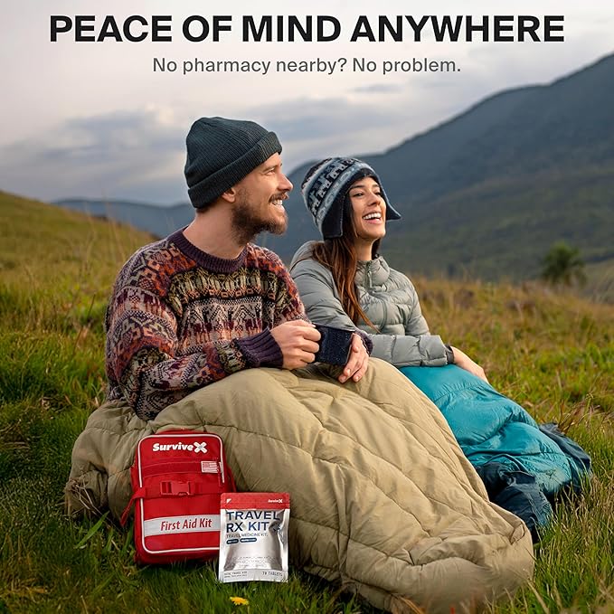 SurviveX Travel Medicine Kit - Compact TSA-Approved Medication Pack for Travel, Camping, Cruises - Includes Over-the-Counter Individual Medicine Packets