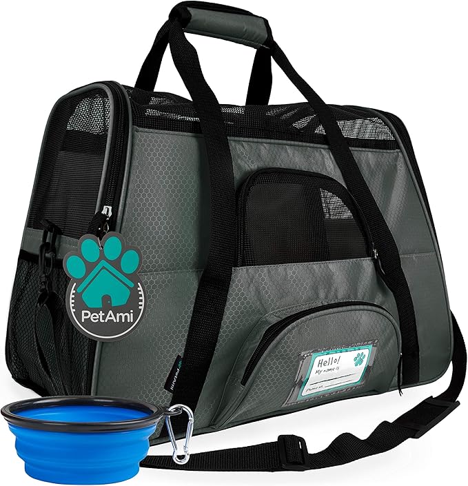 PetAmi Airline Approved Pet Carrier for Cats & Small Dogs, Soft Sided TSA Travel Carrier Bag Sherpa Bed, Breathable Mesh Ventilation, Collapsible Bowl, Fits Under Seat, Up to 18 lbs, Small Dark Gray
