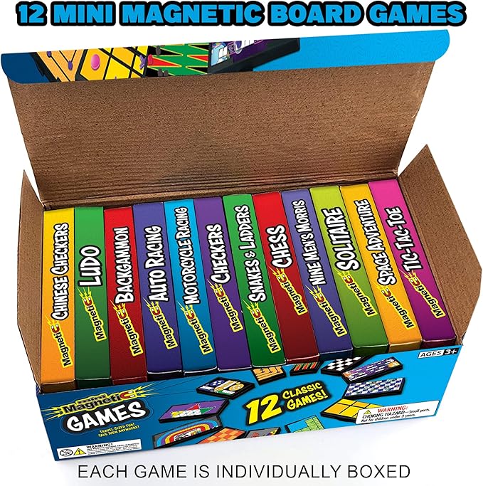 Gamie Magnetic Board Travel Games for Kids, Includes 12 Retro Fun Games - 5" Compact Design, Individually Boxed Travel Essentials for Kids Road Trip/Airplane/Camping, Stocking Stuffers for All Ages