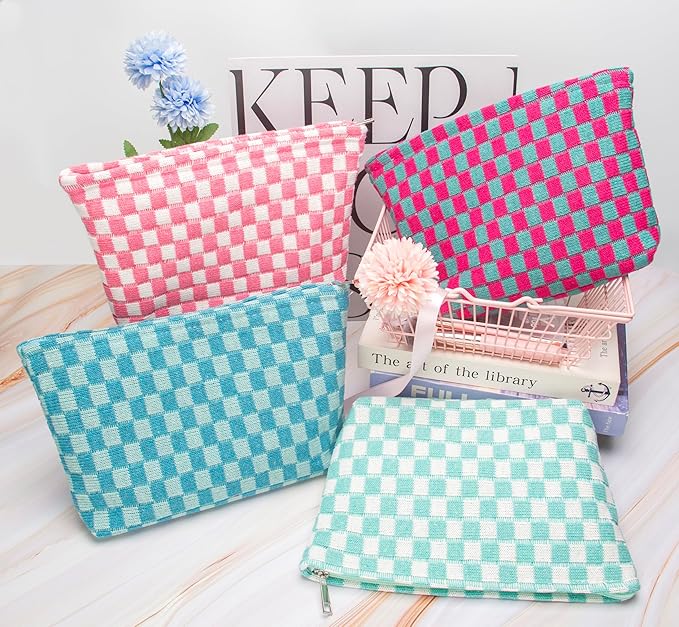 PAZIMIIK Knitted Checkered Makeup Bag Large Zipper Make Up Accessory Pouch for Purse Cosmetic Brush Bag for Travel Essential Magenta Green