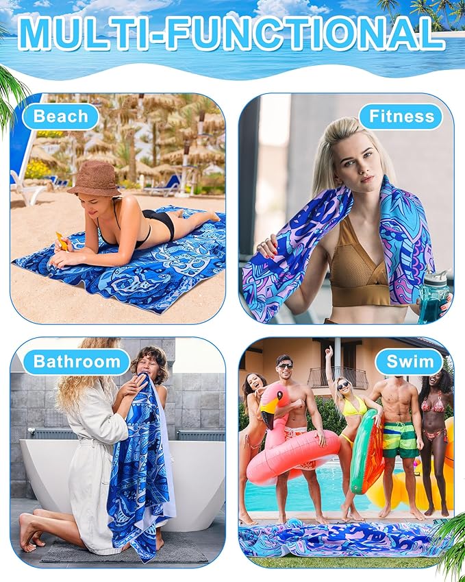 FuWeave 6 Pcs 72 x 36" Microfiber Oversized Beach Towels Large Absorbent Thin Compact Lightweight Sand Free Quick Dry Towels Pack for Travel Pool Yoga Gym Sports Beach Accessories(Mandala)