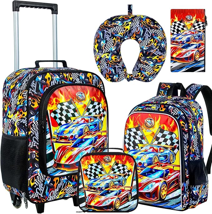 18" Kids Suitcase for Boys, 5Pcs Carry on Luggage With Wheels, Cars Suitcases for Kid Toddler Children(Racing)
