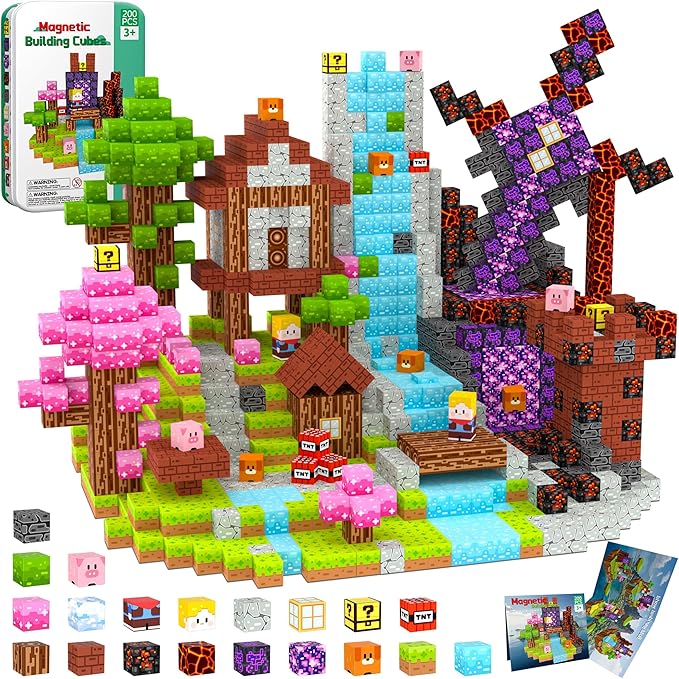 Magnetic Blocks Travel Magnetic Building Blocks Cubes - 200 PCS Tin Box Magnet Toys Set STEM Educational for Kids Ages 3 4 5 6 7 8 9 10 11 12 Year Old Boys Girls Gifts Birthday Christmas