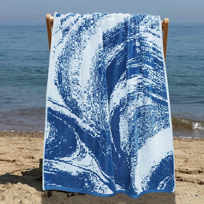 COTTON CRAFT Oversized Beach Towels - 2 Pack XXL 35x84 - Summer Wave - The Big Kahuna 7 Foot Extra Large Beach Blanket Towel - Big & Tall - 100% Cotton Jacquard Velour Soft Pool Bath Towel - Blue