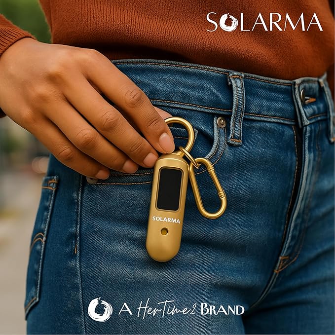 HerTime2 Personal Safety Alarm for Women - Loud Self Defense Siren, Waterproof Keychain with Strobe Light - Solar Rechargeable, Gold